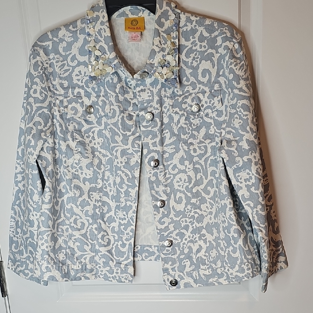 Ruby Rd. Light Blue‎ and White Floral Jean Jacket